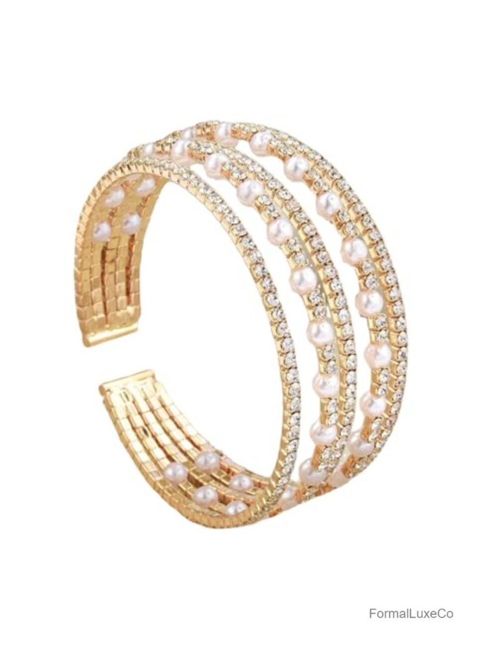 5 Tiered Rhinestone Pearl Open Cuff Bracelet Gold Bridal Wedding Jewelry